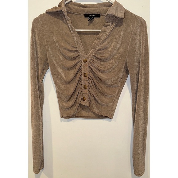 Forever 21 Long Sleeved Button Down Ruffled Gold Sparkle Crop Top - Picture 3 of 16